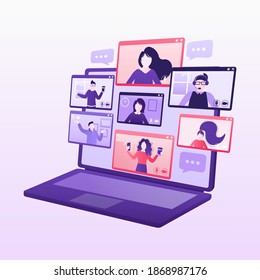 Flat illustration. Video conference. Video call between friends, chatting online by mobile app. Stay at home, work, communication remotely. Vector illustration.