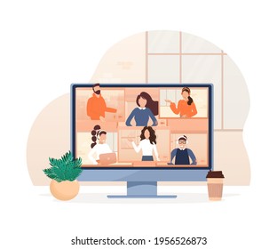 Flat illustration. Video conference. Video call between friends, chatting online by mobile app. Stay at home, work, communication remotely. Vector illustration.