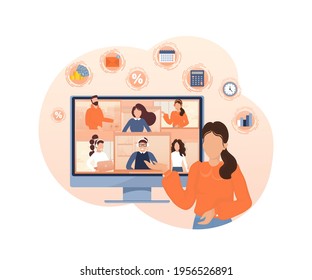 Flat illustration. Video conference. Video call between friends, chatting online by mobile app. Stay at home, work, communication remotely. Vector illustration.