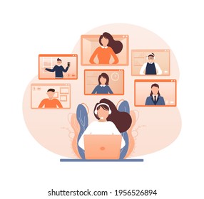 Flat illustration. Video conference. Video call between friends, chatting online by mobile app. Stay at home, work, communication remotely. Vector illustration.