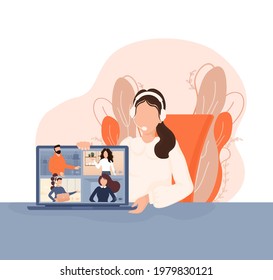 Flat illustration. Video conference. Video call between friends, chatting online by mobile app. Stay at home, work, communication remotely. Vector illustration.
