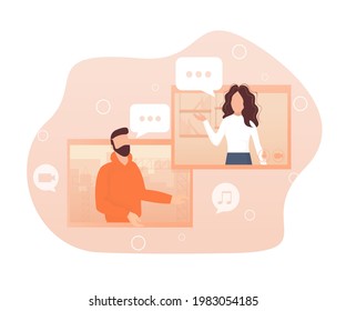 Flat illustration. Video conference. Video call between friends, chatting online by mobile app. Stay at home, work, communication remotely. Vector illustration.