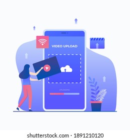 Flat Illustration Video Upload Concept. Illustration For Websites, Landing Pages, Mobile Applications, Posters And Banners.