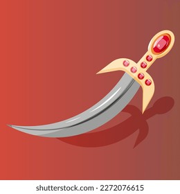 Flat illustration with vintage caucasian sword with gemstones. 