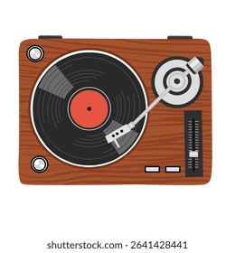 Flat illustration of a vintage wooden turntable with a vinyl record. Perfect for music, retro, analog audio, and nostalgic sound-themed designs