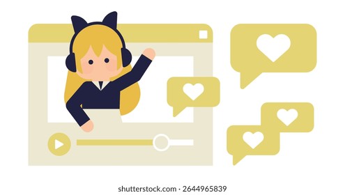 Ilustração plana de um live streaming de personagem virtual e recebendo suporte do visualizador