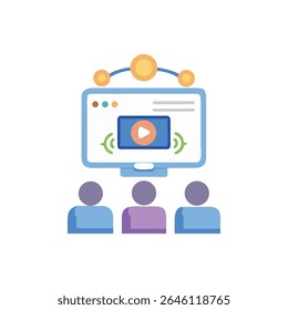 Ilustração plana de uma conferência virtual exibida em uma tela de computador com participantes. Representa aprendizagem e comunicação remota.