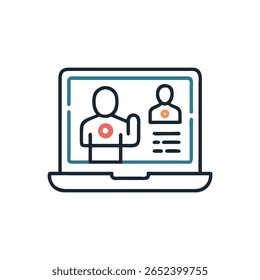 Flat illustration of virtual meeting displayed on a laptop screen with two avatars. Focus on modern digital communication and teamwork.