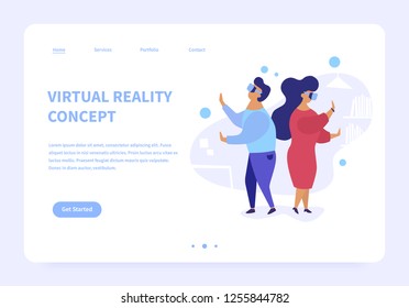 Ilustración plana de la realidad virtual. Hombre y mujer en casa usando lentes de realidad virtuales. Concepto moderno de página de inicio. 