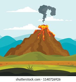 Flat illustration of volcano eruption, lava, earthquake. Vector banner for web.