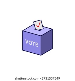 Flat illustration of a voting box with a ballot showing a check mark, symbolizing successful voting, approval, and democratic choice