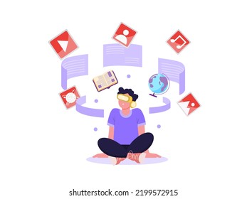 Flat illustration. Vr goggles concept. Work in the future. World meta verse. Virtual reality simulation. a digital world new technology.
