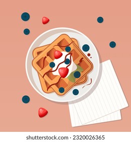 Flat illustration with waffles with strawberry and blueberry, sour cream and jam on a plate. The illustration can be used for restaurants, cafes or as an illustration of everyday life.