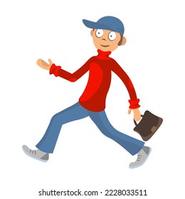 Ilustración plana de un hombre caminando con un bolso de mano. Trabajador con suéter rojo y vaqueros. Camina un niño.