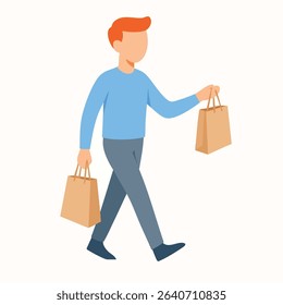 Flat Illustration Walking Man with Shopping Bags Graphic Element