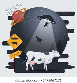 A flat illustration, a warning road sign about UFO activity, there is a cow nearby
