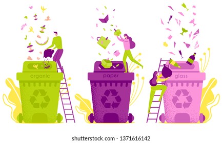 Flat Illustration Waste Sorting and Disposal. Distribution Waste in Garbage Containers. Man Pours Organic Garbage into Tank. Women Sort Separately Paper and Glass. Recycling and Disposal.