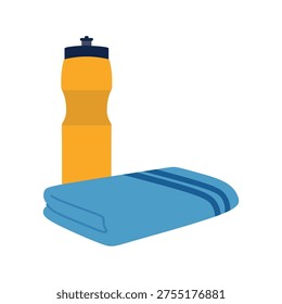 Flat illustration of a water bottle and a small towel. Essential gym gear for workout and hydration. Modern vector design element.