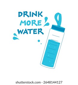 Flat illustration of a water bottle with the text “Drink More Water.” Health and hydration reminder. Perfect for wellness, fitness, and lifestyle design.