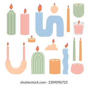 Flat illustration of wax candles isolated on white. Home design, interior, light.