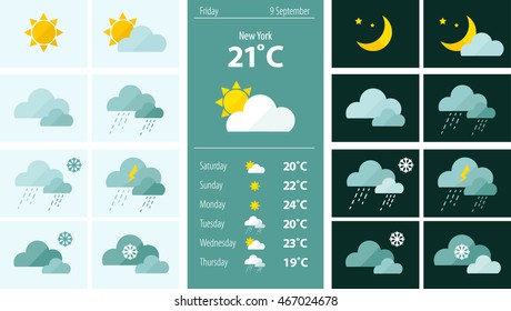Flat illustration, weather forecast. Forecast for the week. sky. Mobile app. 