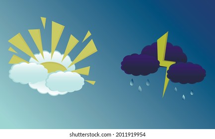 flat illustration of weather icons. The weather is sunny and cloudy and the weather is rain with thunderstorms and lightning