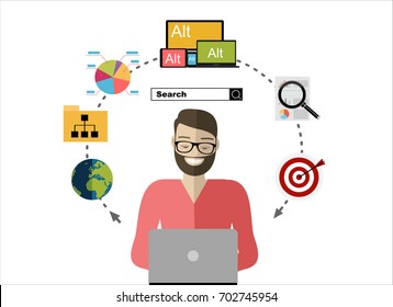 Flat illustration web analytics design , SEO optimization.