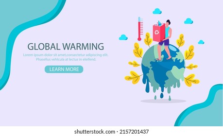 flat illustration, web banner concept, A man is saving the environment by picking up trash on a huge, hot world. until the thermometer rises It is a very good prevention of global warming.