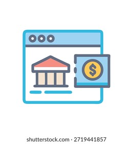 Una ilustración plana de un navegador de Web que muestra un edificio bancario y un ícono de moneda de dólar. Muestra el concepto de banca en línea.