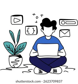 Flat Illustration of a web developer working with code, devices, and online tools, ideal for tech and software content.