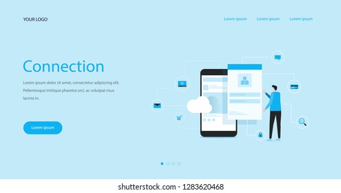 flat illustration web header design concept with business man using mobile  connect to cloud  
