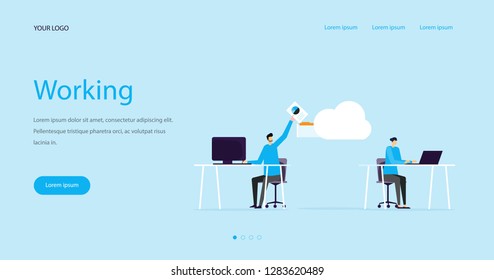 flat illustration web header design concept and  business team working  with cloud storage 
