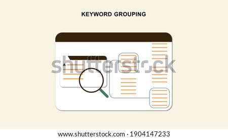 Flat illustration of a webpage searching for the keywords with can be used to illustrate keyword grouping, keyword planning, and keyword research.