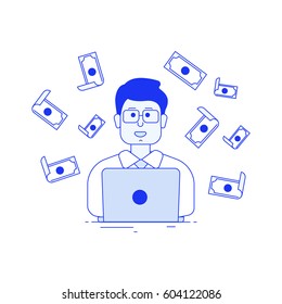 Flat illustration for website - how businessman attracts money into network