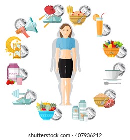 flat illustration weight loss. Slender girl in the middle of clock face with different icons