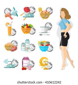 flat illustration weight loss. Slender girl with different icons of her routine day isolated on white