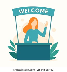 Flat Illustration Welcome Desk Booth with Woman Character in Minimalist Style