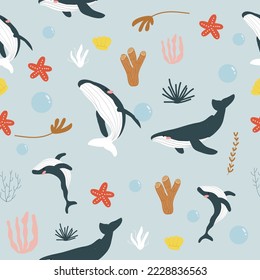 flat illustration of whale and sea world seamless pattern