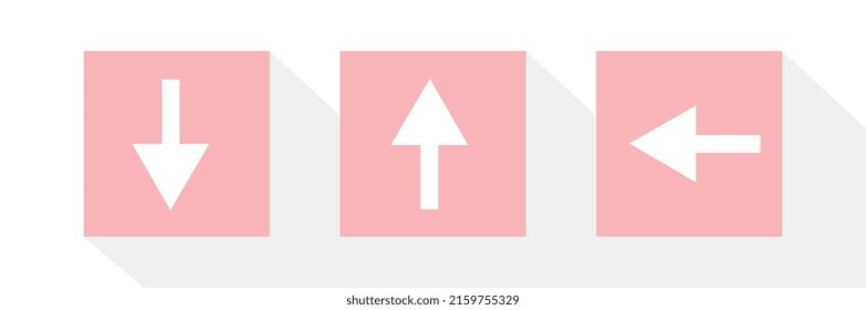 Flat illustration, white arrows in pink frames on a white screen in vector for commercial use.