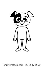 Flat illustration, in white and black, of a cute dog character in a cartoon style, drawing with border lines and outlined.