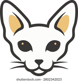 A flat illustration of a white cat face with large pointed ears dark eyes and a refined elegant appearance.