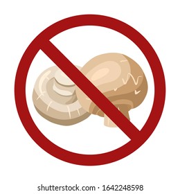 Flat  illustration of white champignon mushrooms in prohibition sign isolated from background. Food allergy. Dont pick mushroom. Vector color rustic element for menu, recipe, label and your design