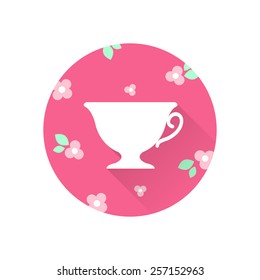 Flat illustration of white cup on pink circle with flowers, green leaves and long shadow.