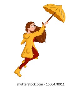 Flat illustration of a white girl in a raincoat with an umbrella. A cute girl with dark hair is trying to keep a yellow umbrella from the wind. Vector illustration of a girl in autumn clothes 