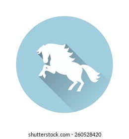 Flat illustration of white horse silhouette with long shadow on a blue aquamarine background.