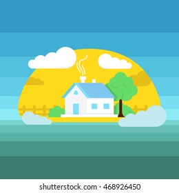 Flat illustration of a white house with trees in the background of the sun and clouds on a blue background