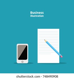 Flat illustration, white sheet of paper with a pencil and blank screen of a smartphone.