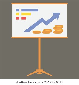 A flat illustration of a whiteboard displaying a graph with an upward arrow and a stack of coins, representing growth and success in business or financial