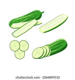 Flat illustration whole cucumber, half, quarters, pieces and slices. Green fresh cucumbers gherkin on white background. Idea for poster, sticker, postcard, magazine, book, web design and so on.