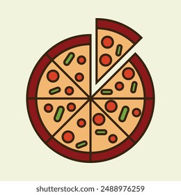 Flache Darstellung einer ganzen Pizza mit einer Scheibe auf isoliertem Hintergrund. Minimalistisches Vektorgrafik-Design ohne Neigung.